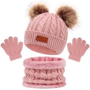 I-0101 Gorro de Punto con Forro Polar para Niños y Niñas, Calentador de Cuello, Guantes, Gorro con Pompón para Bebé, Conjunto de Gorro, Bufanda y Guantes de Invierno para Niños - Product Image 1