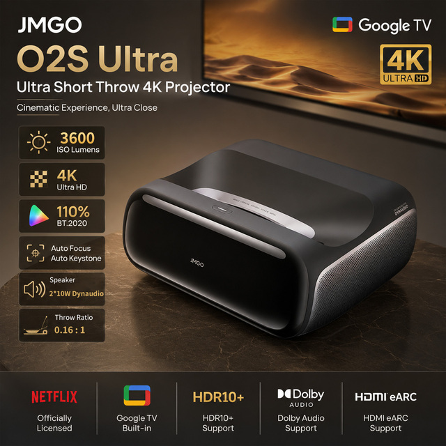 JMGO O2S Ultra 4K UHD Ultra Short Throw Projector MALC 3.0 Triple Laser 3600 ISO Lumens Google TV Home Theater Projector