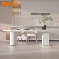 Table à manger en céramique blanche minimaliste avec plateau en pierre frittée, pieds en bois massif et double pieds en acier inoxydable, 6 places, vente en gros d'usine