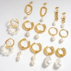 MICCI Anting-Anting Mutiara Lingkaran Air Tawar Air Tawar Barok Alami Menjuntai Perhiasan Baja Tahan Karat Berlapis Emas 18K Wanita