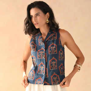 Camisa étnica con cuello de muesca de gracia Camisa sin mangas con cuello de muesca estampado Handblock de moda con tapeta frontal Hecho en algodón 100% - Product Image 1