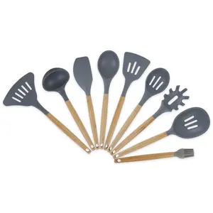 Manche en bois outils de cuisine en Silicone et ensemble d'ustensiles de cuisine de marque accessoires de cuisine