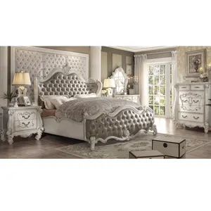 Kraliyet tasarım beyaz deri yatak eski masa ayna ile şezlong tam yatak odası mobilya set