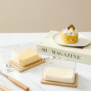 Rectangular Bamboo Butter Dish With Transparent Clip On Lid For Butter Cheese <b>Dessert</b> Storage Party Use - Product Image 1