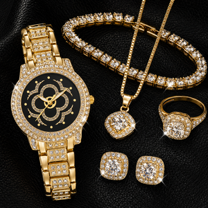 Nouvelle montre tendance pour femme, ensemble de bijoux or, argent, or rose, strass scintillants, collier, bracelet, bagues, boucles d'oreilles, cadeau hip-hop - Product Image 4