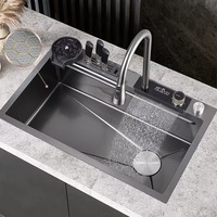 Robinet de cuisine multifonctionnel en acier inoxydable 304 avec écran numérique, sans MOQ, à extraction en cascade, noir nano, avec évier à cuve unique