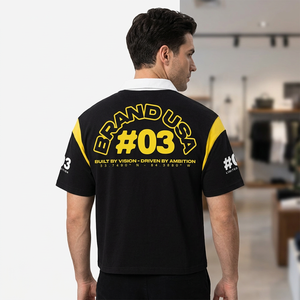 <b>Men's</b> Short Sleeve T-Shirt <b>Black</b> Yellow Silk Screen Printed Formal Regular Fit 100% Cotton Jersey <b>Turtleneck</b> Contrast Trim - Product Image 6
