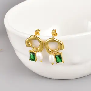 Vintage eingelegte Zirkon grün rechteckige natürliche Süßwasser perle Anhänger Edelstahl 18 Karat Gold Ohrringe Schmuck