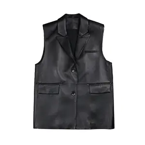 Latest Style Fashion Genuine Skin Leather Sleeveless Vest For Women Leather Waistcoat Women Biker Motorcycle Vest