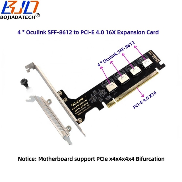 PCI-E 4.0 16X to 4 Ports Oculink SFF-8611 SFF-8612 Adapter Expansion Riser Card MB Support PCIe X4X4X4 Bifurcation