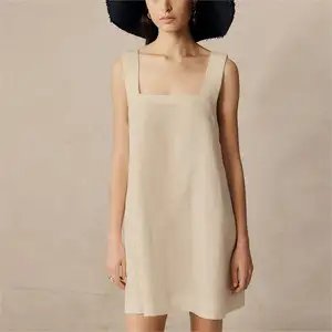 Custom Low MOQ Cheap Simple Summer Square Collar Women Fit Dresses Sleeveless Solid White Casual Linen Cotton Mini Dress Women