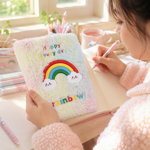สมุดบันทึกขนนุ่มสีรุ้งสำหรับนักเรียน สมุดโน้ตขนเฟอร์น่ารัก ปักลายคาวาอี้ ปกนุ่ม สมุดสำหรับโรงเรียนและสำนักงาน - Product Image 1