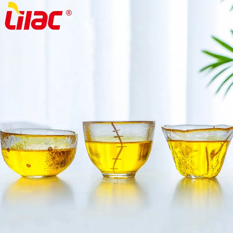 Leylak BSCI SGS LFGB 65ML 90ML 80ML kalınlaşmak isıya dayanıklı bardak seti japon tarzı vintage cam çay sake kupası ile altın jant