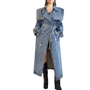 Gabardina de mujer estilo polo vaquero de longitud media cintura con cordones nueva moda Otoño 2023 al por mayor - Product Image 1