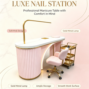 Table de manucure en marbre rose doré de luxe léger avec éclairage LED incurvé, mobilier de salon pour bar à ongles - Product Image 3