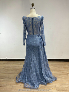 MB20008 Abito da <span class=keywords><strong>Sposa</strong></span> a Sirena <span class=keywords><strong>Blu</strong></span> con Maniche Lunghe e Ricche Applicazioni di Perline, Taglie Forti, Elegante Vestito da Sera per Donna - Product Image 6