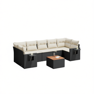 Cream White And Black Garden Sofa <b>Set</b> 6 Seater Outdoor Rattan Furniture Contemporary Design With <b>Side</b> <b>Tables</b> - Product Image 1
