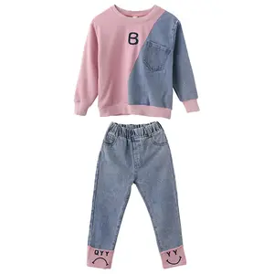 Mädels anzug denim spleißen herbst zweiteiliger kinderanzug kleine mädchen super ausländischer stil großes kind flut