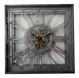 INFINITY TIME 31.5inch 80cm Large Gear Wall Clock Vintage Retro Square Mechanical Skeleton Spinning Metal Gear Wall Clock