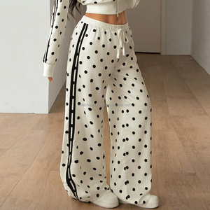 <span class=keywords><strong>Pantaloni</strong></span> da donna personalizzati OEM a pois, stile vintage <span class=keywords><strong>con</strong></span> strisce laterali, a gamba larga, vestibilità comoda, <span class=keywords><strong>con</strong></span> coulisse, per il tempo libero - Product Image 1