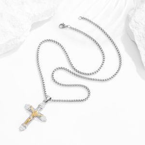 Collar con Colgante de Cruz Crucifijo para Hombre, Acero Inoxidable, Chapado en Oro de 18K, Cadena de Caja, Jesús, Fe Cristiana, Circonita Cúbica, Regalo - Product Image 4