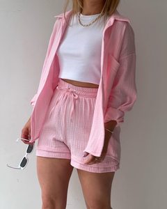 King Mcgreen Star camisa de manga larga de gran tamaño conjuntos de <span class=keywords><strong>2</strong></span> piezas mujeres Tops blusa suelta cintura alta pantalones cortos traje moda Casual trajes - Product Image 3