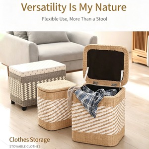 Wholesale Handwoven Rattan <strong>Storage</strong> Ottoman <strong>Bench</strong> with Lid Round <strong>Storage</strong> <strong>Basket</strong> for Bedroom Living Room - Product Image 1