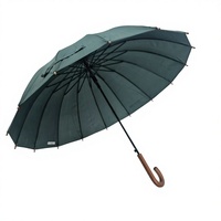 Parapluie long vert foncé à 16 baleines, semi-automatique et coupe-vent, avec poignée en imitation bois, idéal pour les professionnels (vente en gros)