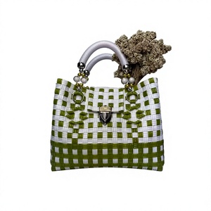 Custom Handmade Woven Plastic Tote Bag Eco Friendly Reusable Market Shopping Beach <b>Handbag</b> Green Pearl Beaded Handle Lock - Product Image 1