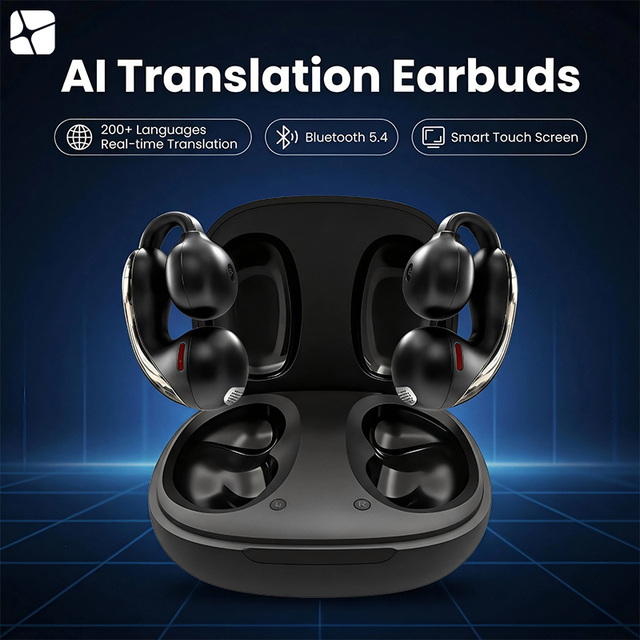 AI Real-time Voice Translator TWS Earbuds for 5.4 IPX5 Waterproof Digital Display Touch Control Surround Sound Flashlight