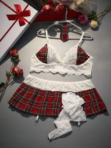 Ensemble de lingerie sexy 4 pièces <span class=keywords><strong>grande</strong></span> <span class=keywords><strong>taille</strong></span> pour cosplay, style écolière, avec soutien-gorge en dentelle à carreaux rouges, mini-jupe, <span class=keywords><strong>porte</strong></span>-jarretelles à nouer et bas pour la nuit - Product Image 6