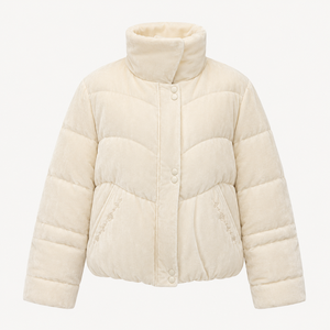 Women's Cream <b>Quilted</b> Fleece Jacket Stand Collar Full Sleeve <b>Winter</b> Warm Thick Coat Solid Color Button Closure Short Length - Product Image 2