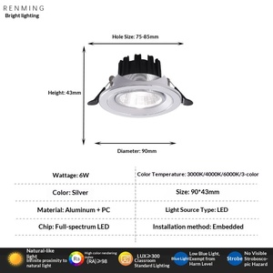 ไฟดาวน์ไลท์ LED ปรับความสว่างได้ ตัวเรือนอะลูมิเนียม CRI80 ปรับหรี่แสงได้ รับประกัน 3 ปี แสงขาวกลาง 4100K IP20 สำหรับให้แสงสว่าง - Product Image 3