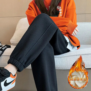 Women's Autumn Winter Casual Waffle Knit Fleece <b>Lined</b> Jogger <b>Pants</b> Loose Fit Mid Waist Micro Elasticity Breathable - Product Image 1