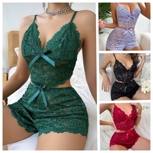 Conjunto de Roupas de Casa Luxuosas em Renda de 2 Peças, Lingerie com Suspensórios e Shorts, Pijamas Elegantes e Confortáveis para o Verão - Product Image 2