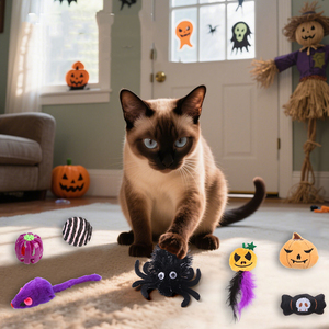 Juicepet ชุดของเล่นสัตว์เลี้ยงฮาโลวีนใหม่ชุดของเล่นสัตว์เลี้ยงหลากสไตล์ตลกแมวของเล่นเคี้ยวของเล่นรูปแมงมุมฟักทอง - Product Image 1