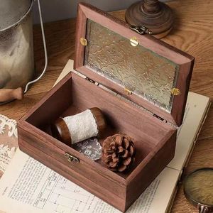 Wooden <b>Storage</b> Box Rectangular Flip Top Engraved Glass Lid Jewelry Organizer Desktop Decorative Box For <b>Dressing</b> <b>Table</b> - Product Image 1
