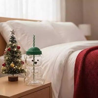 Vente flash : Gobelet en verre avec paille en forme d'ours, mignon, grande capacité, transparent, avec couvercle, style étoile, gobelet en verre en forme d'ours