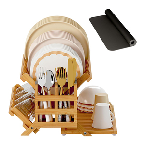 Escurridor de Platos de Bambú Plegable de <span class=keywords><strong>3</strong></span> <span class=keywords><strong>Niveles</strong></span>, Resistente y Personalizado, con Compartimento para Cubiertos y Tapete de Secado para Encimera - Product Image 1