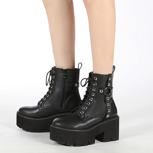 À la mode fermeture éclair bottines filles chaussures anneau croix boucle sangle noir PU cuir gros talons chaud femmes bottes - Product Image 5