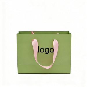 Factory Direct Customizable Free Design Eco-Friendly Biodegradable Sage Green Paper Shopping <b>Bag</b> Pink Handle Elegant Small - Product Image 2