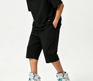Shorts amples noirs pour hommes, longueur genou, avec double cordon de serrage, coupe ample, personnalisables, vente en gros - Product Image 4