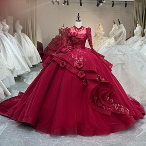 Vestido de Novia XS263 Glamuroso con Cuello Alto, Color Borgoña, con Flores 3D, Estilo Moderno, Largo, con Encaje y Cristales - Product Image 1