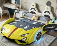 Lit moderne écologique et confortable avec rangement lumineux, lit multifonctionnel en forme de voiture de course pour la chambre des garçons