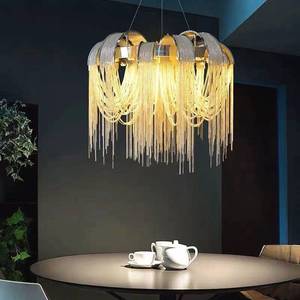 Lampadario di Lusso PM con Catena in Alluminio e Nappe, Design Nordico, Lampada a Sospensione Rotonda Argento per Villa, Soggiorno e Sala da Pranzo - Product Image 4