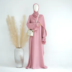 Loriya grosir Lebaran kerut poliester wanita gaun Muslim sederhana gaun dan Hijab 2 potong Abaya Set pakaian Abaya Islami