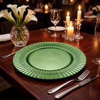 Assiette de présentation ronde en verre cannelé vert olive de 13 pouces, gaufrée, pour la décoration de table à la maison, dans les hôtels, lors de mariages et de banquets
