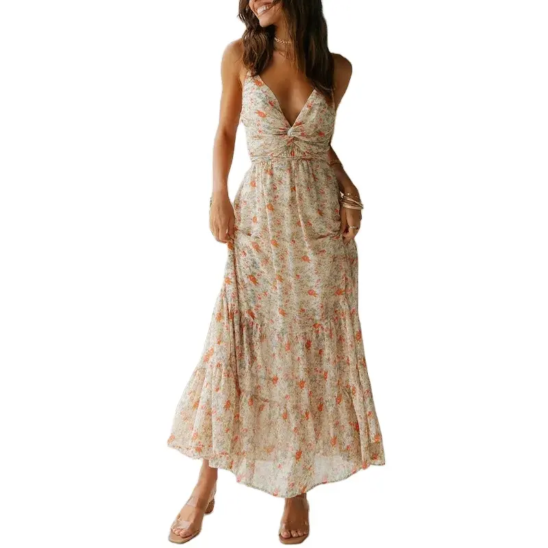 Summer Customization Casual Spaghetti Slip V Neck Backless Women Floral Print Fabric For Dress Chiffon Maxi Dress Ladies