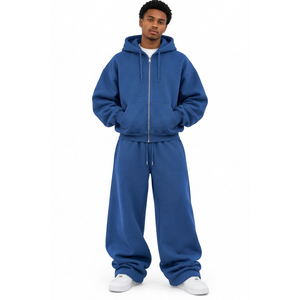 Ensemble de survêtement pour homme bleu roi avec sweat à capuche zippé et pantalon de survêtement à jambe large, coupe décontractée, style streetwear et loungewear - Product Image 1
