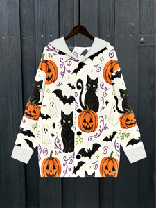 Cardigan à capuche boutonné pour <span class=keywords><strong>femme</strong></span>, imprimé chat noir, citrouille et chauve-souris, style décontracté pour le quotidien et les fêtes, personnalisable - Product Image 3